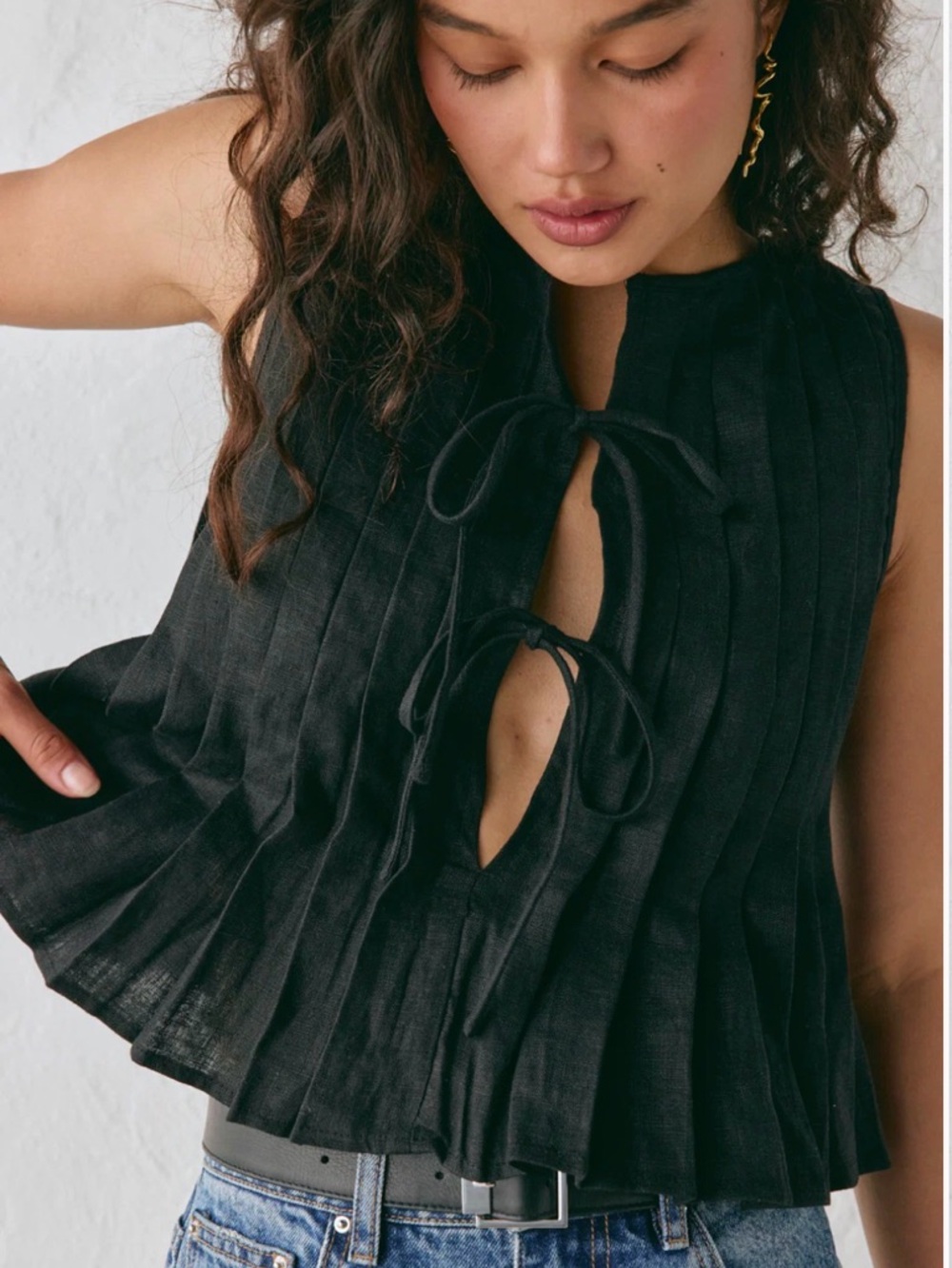 Pleated Tie-Front Camisole in Black - Picture 4 of 4